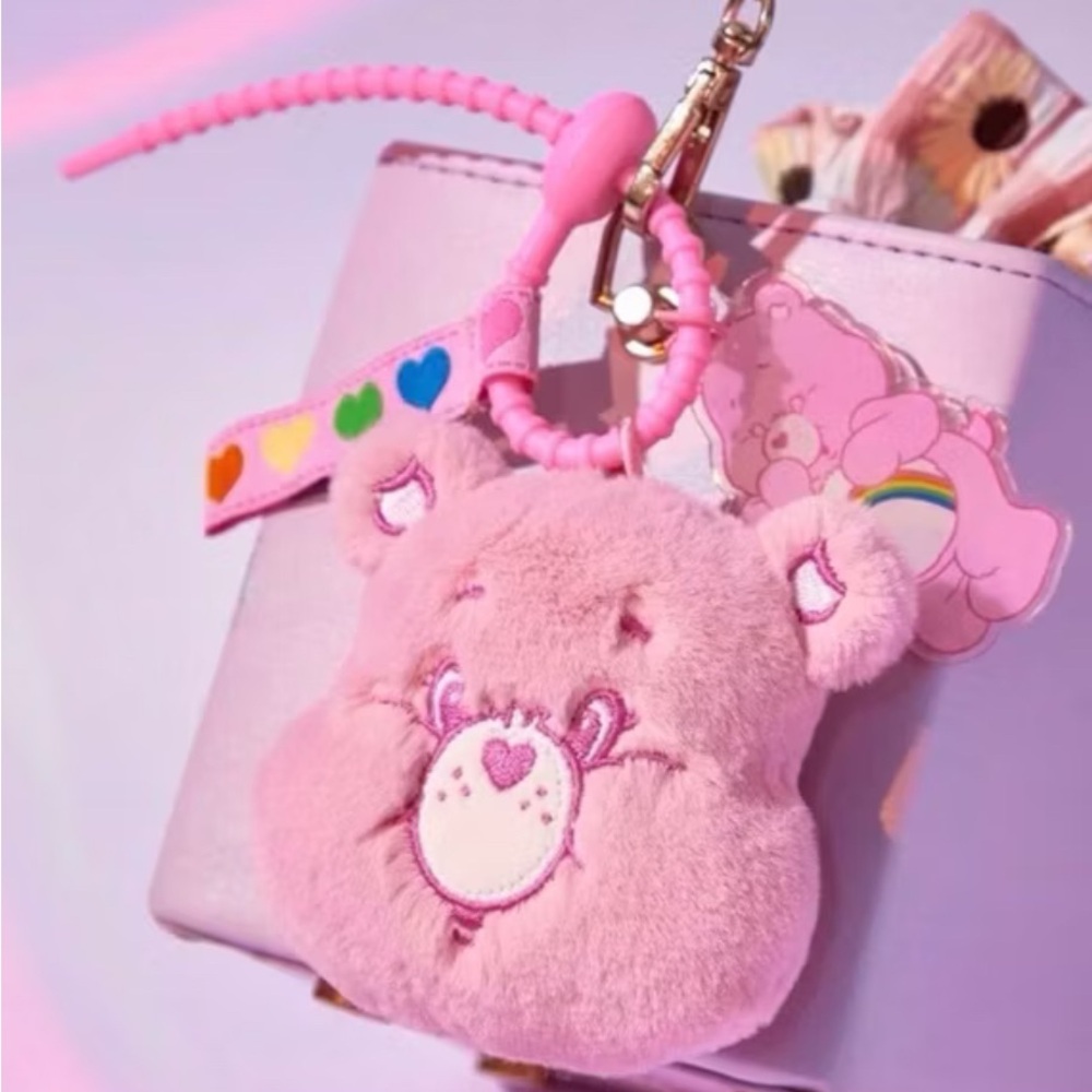 🎉2/$20) Plush Pink Care Bears Adjustable Keychain with charm